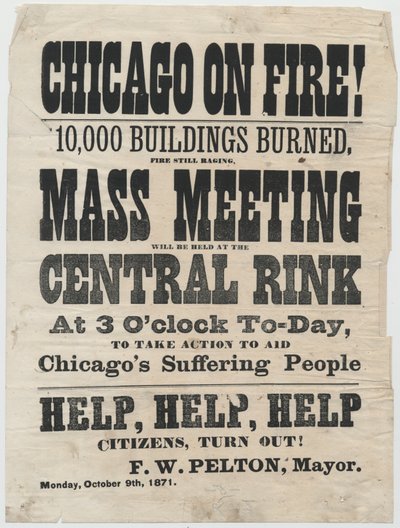 Pamflet voor een bijeenkomst in Cleveland, Ohio, om slachtoffers van de brand van Chicago in 1871 te helpen, 1871 door American School